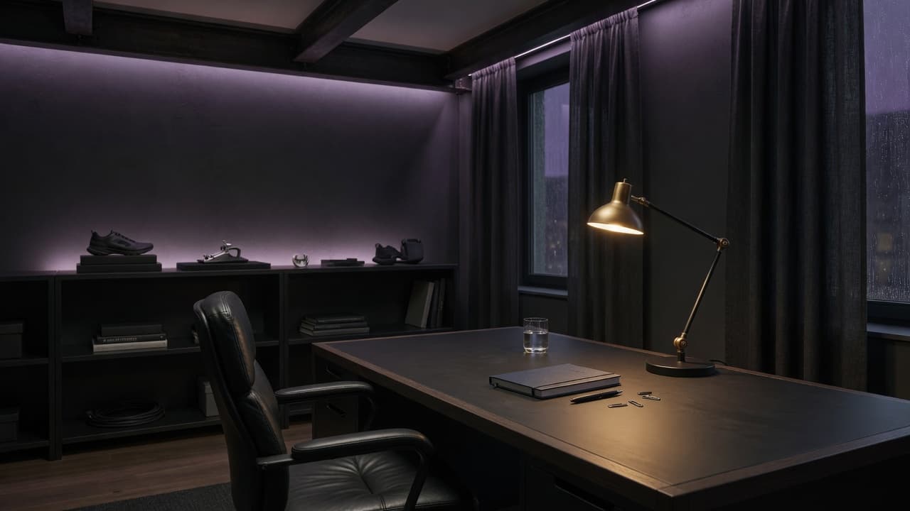 Quiet midnight founder workspace with a warm desk lamp, empty chair, closed notebook, and soft violet ambient light.
