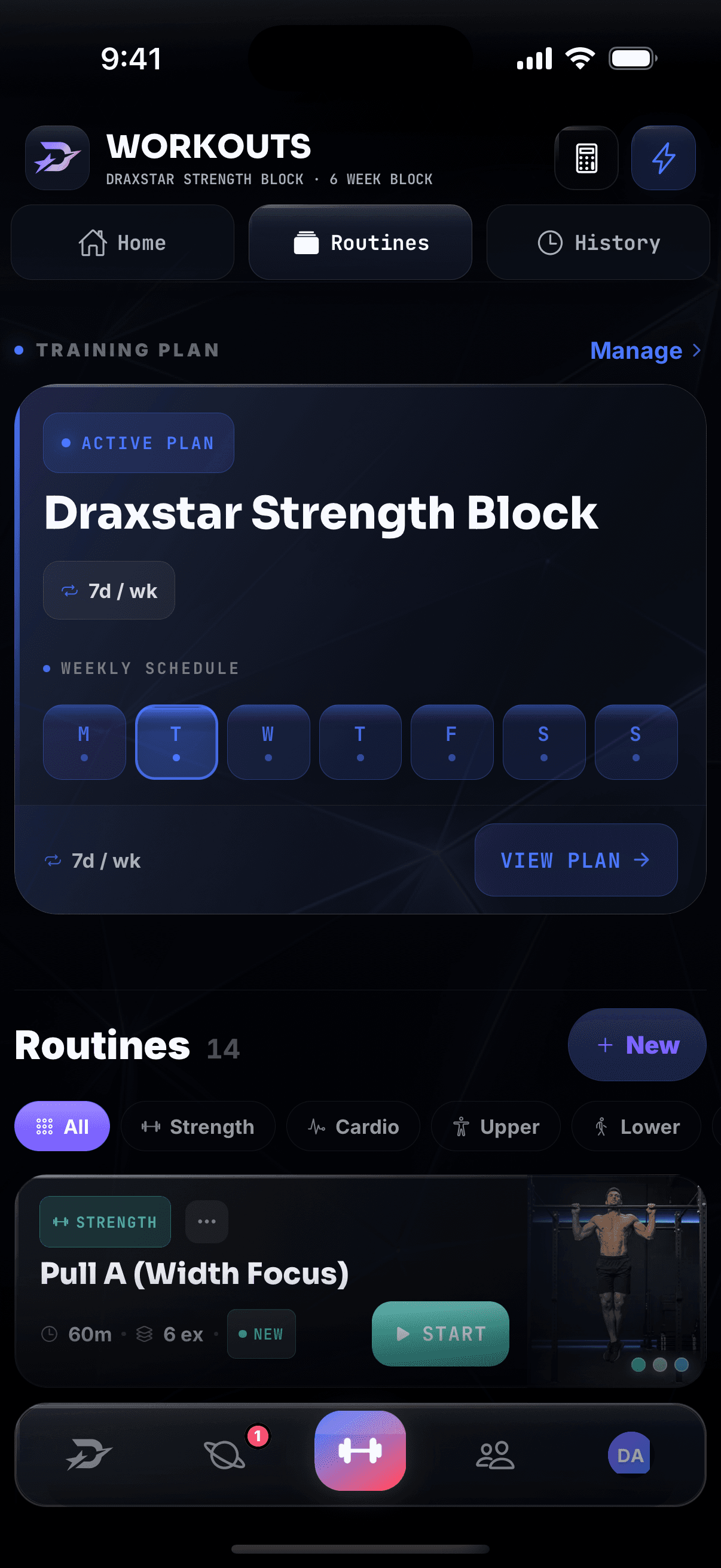 Real Draxstar iPhone training plan screen showing the Draxstar Strength Block and saved workout routines.