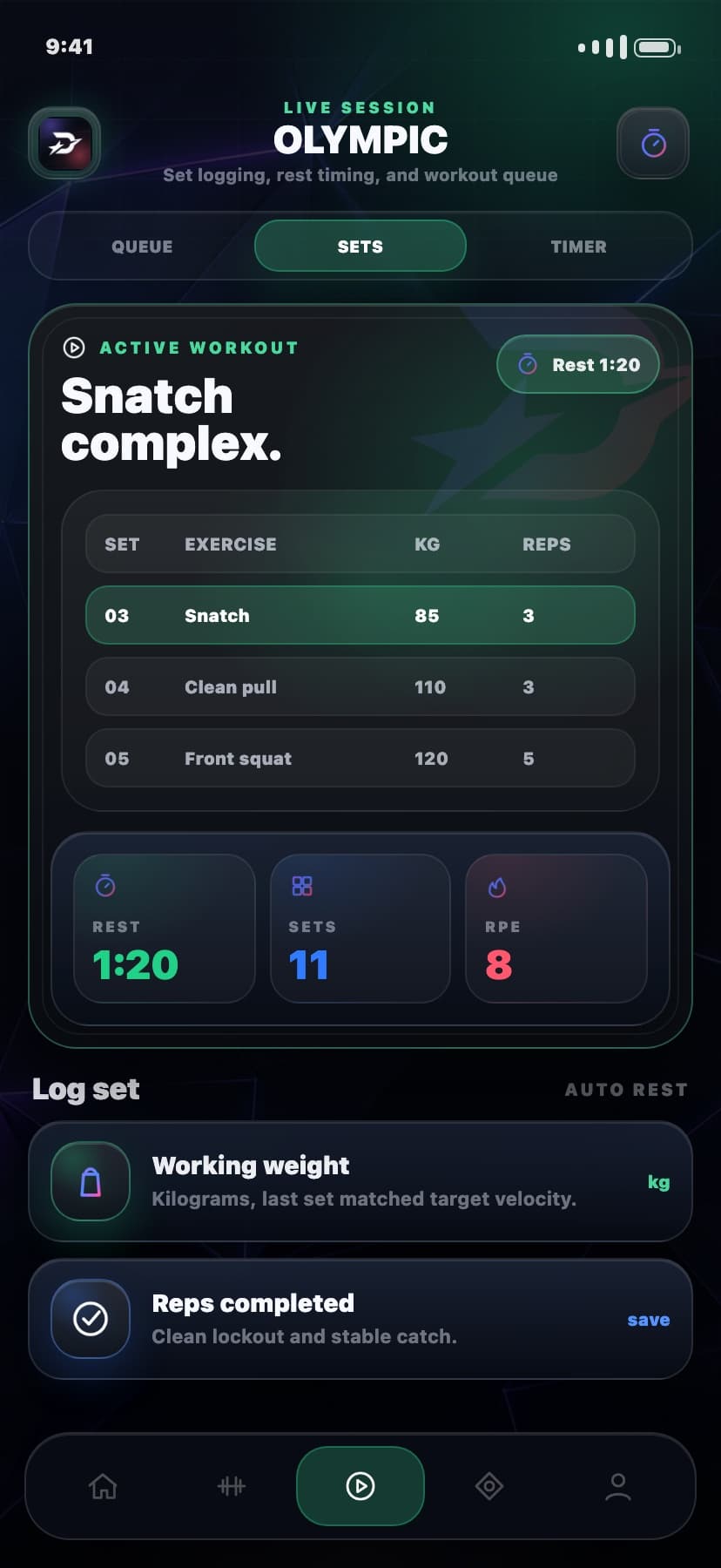 Draxstar mobile app active session screen showing exercise tracking, set logging, rest timing, and workout navigation.