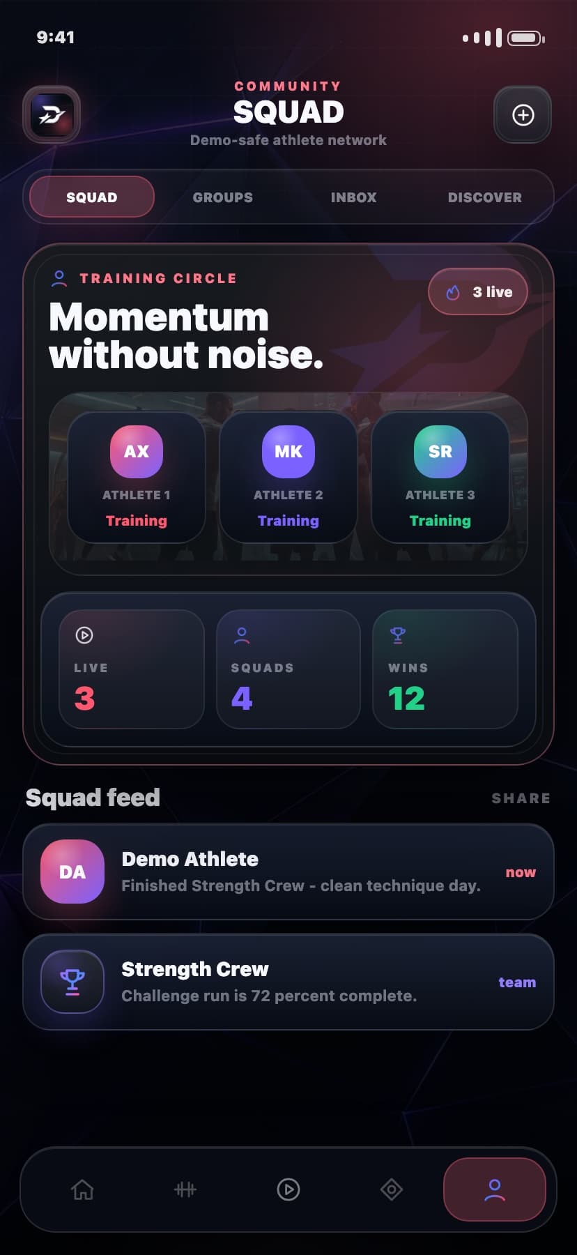 Demo-safe Draxstar community screen showing squads, buddy activity, and shared athlete momentum.