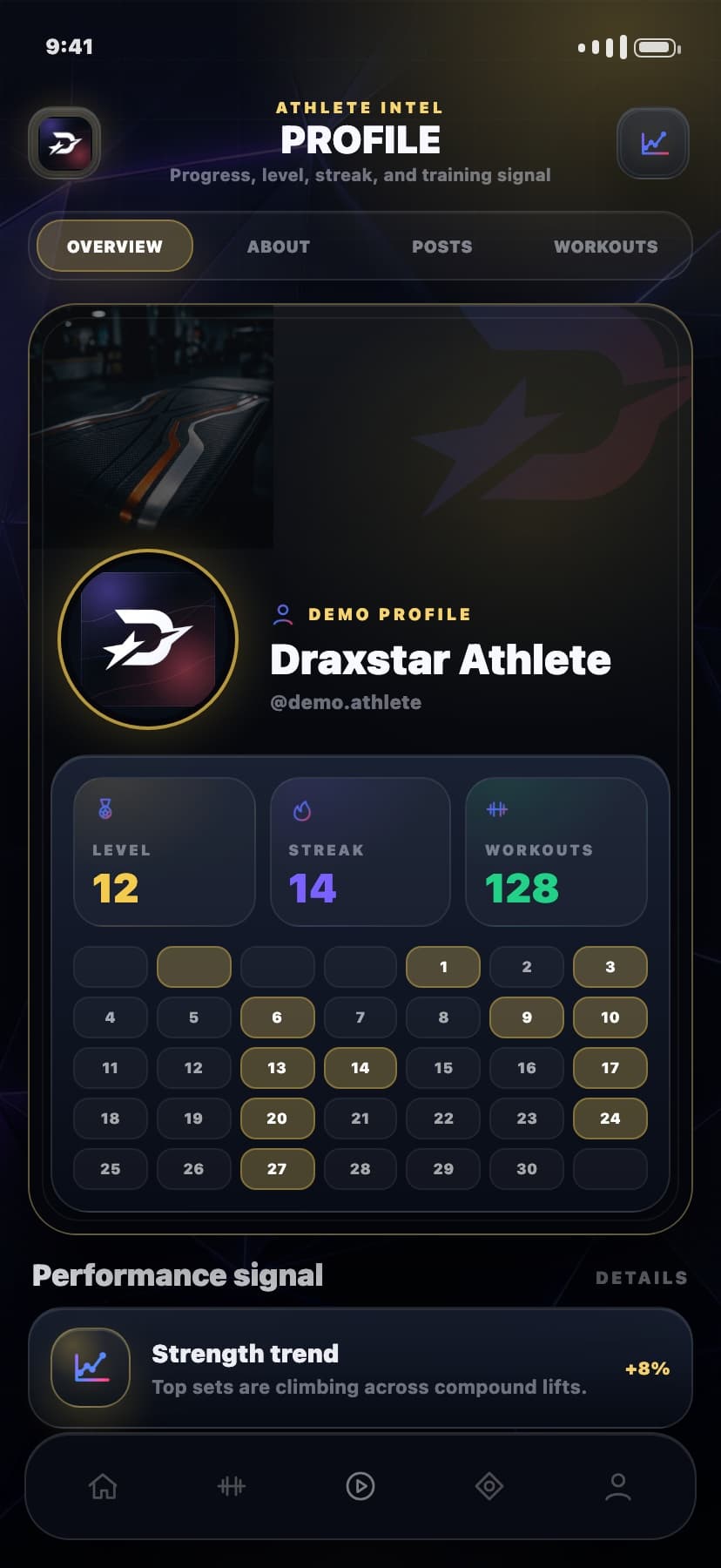 Demo-safe Draxstar athlete intel screen showing profile, training streak, level, and progress calendar.