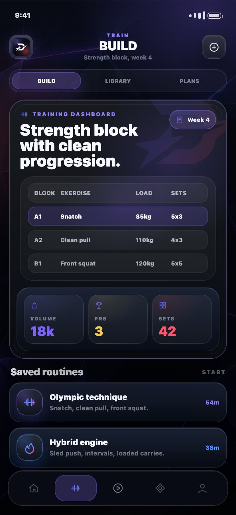Draxstar mobile app training dashboard showing routines, saved workouts, and quick launch actions.