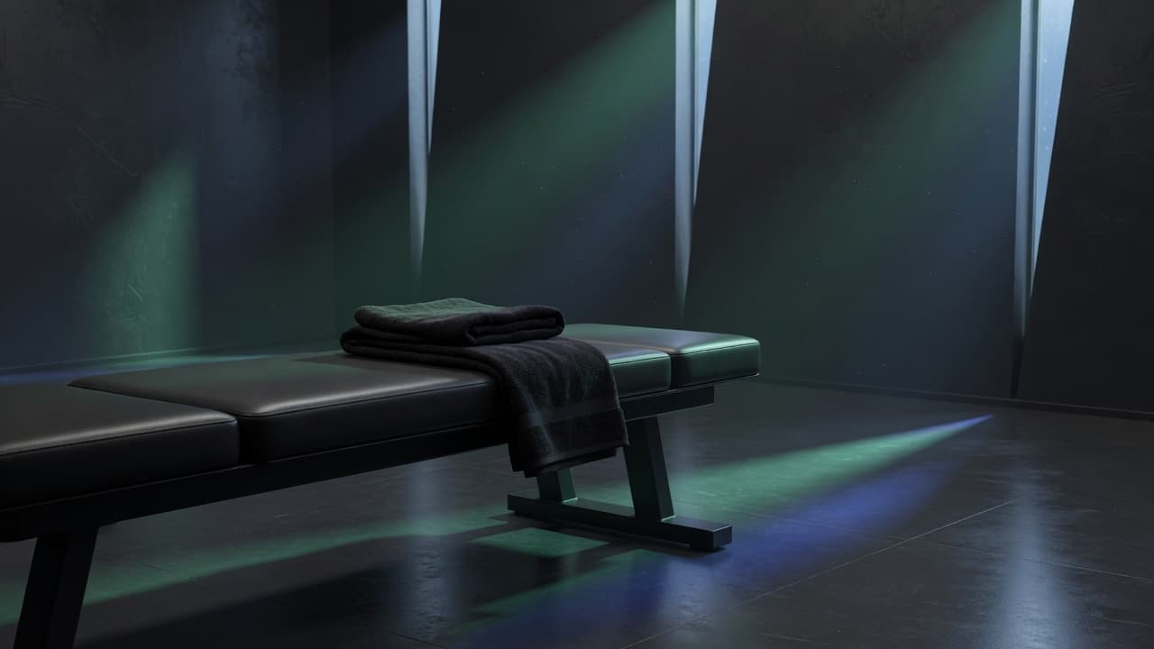 Quiet recovery sanctuary — matte black bench and folded towel under emerald and blue architectural light shafts.