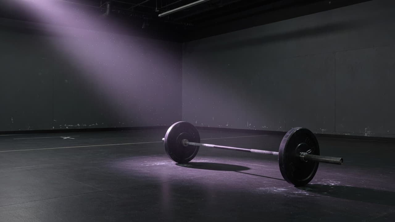 Empty black-box training floor with a single chalked barbell under a soft violet volumetric light shaft.