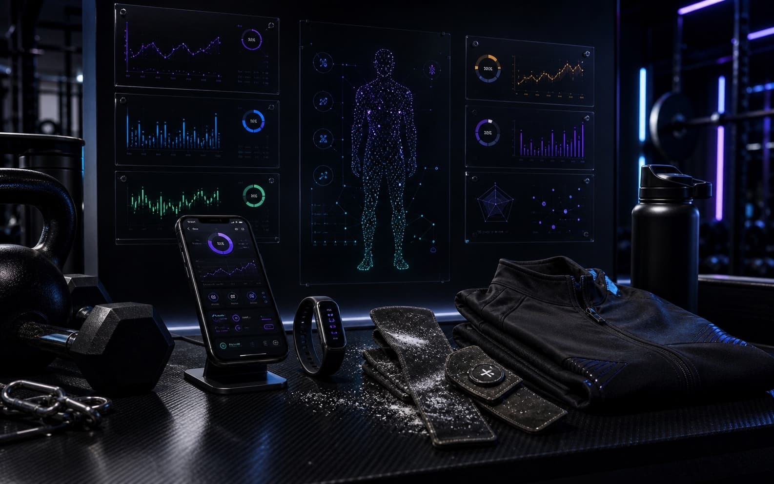 Dark Draxstar performance lab with athlete analytics glass, training gear, wearable, and abstract progress signals.