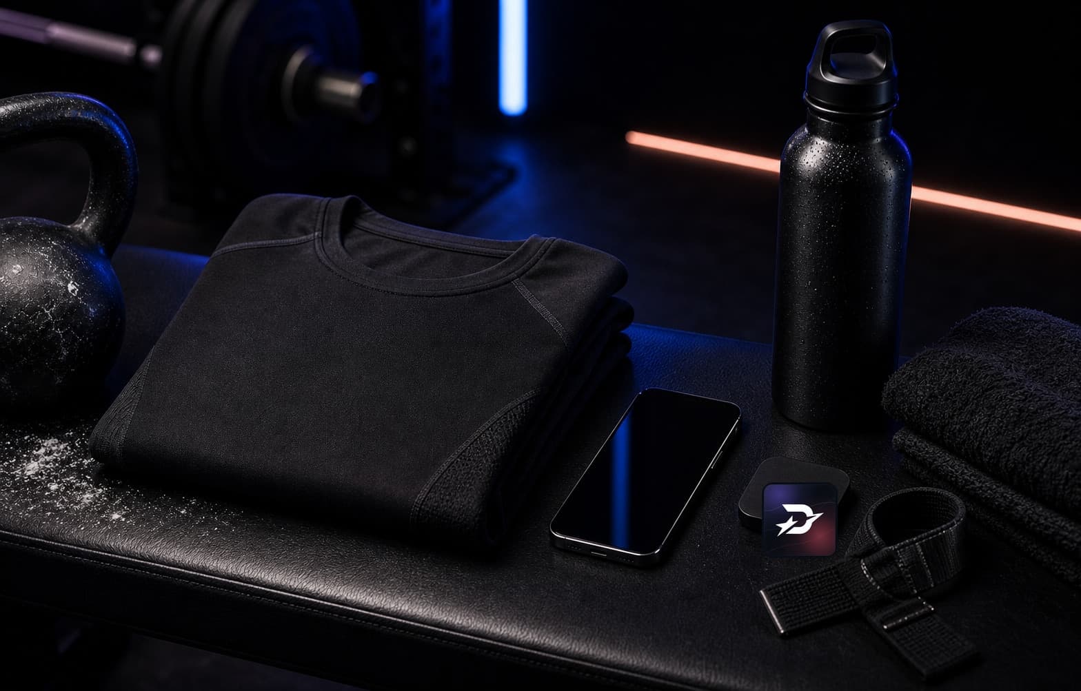 Cinematic dark athletic product studio with a phone, folded technical apparel, lifting straps, and a steel bottle under blue and coral light.