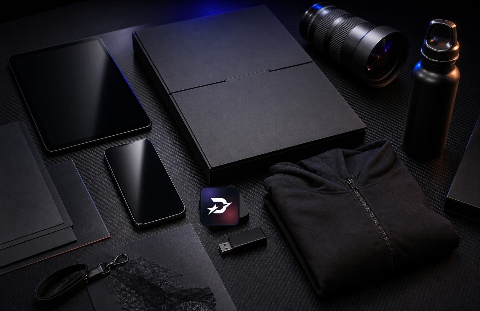Dark Draxstar press launch kit with black media materials, powered-off devices, hoodie, camera lens, bottle, and verified app icon tile.