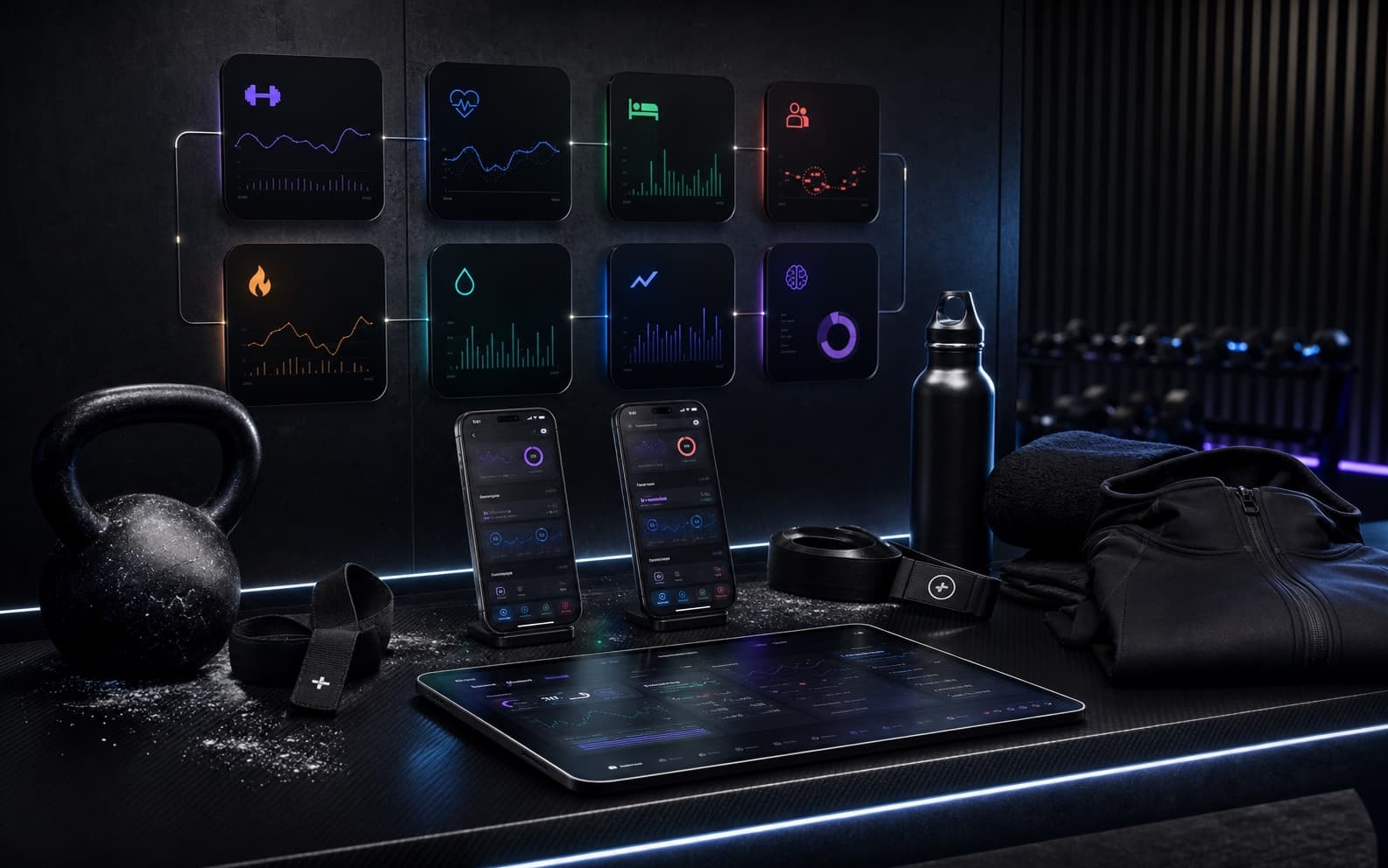 Dark Draxstar product studio showing phones, analytics glass, training gear, recovery tools, and connected athlete-system signals.
