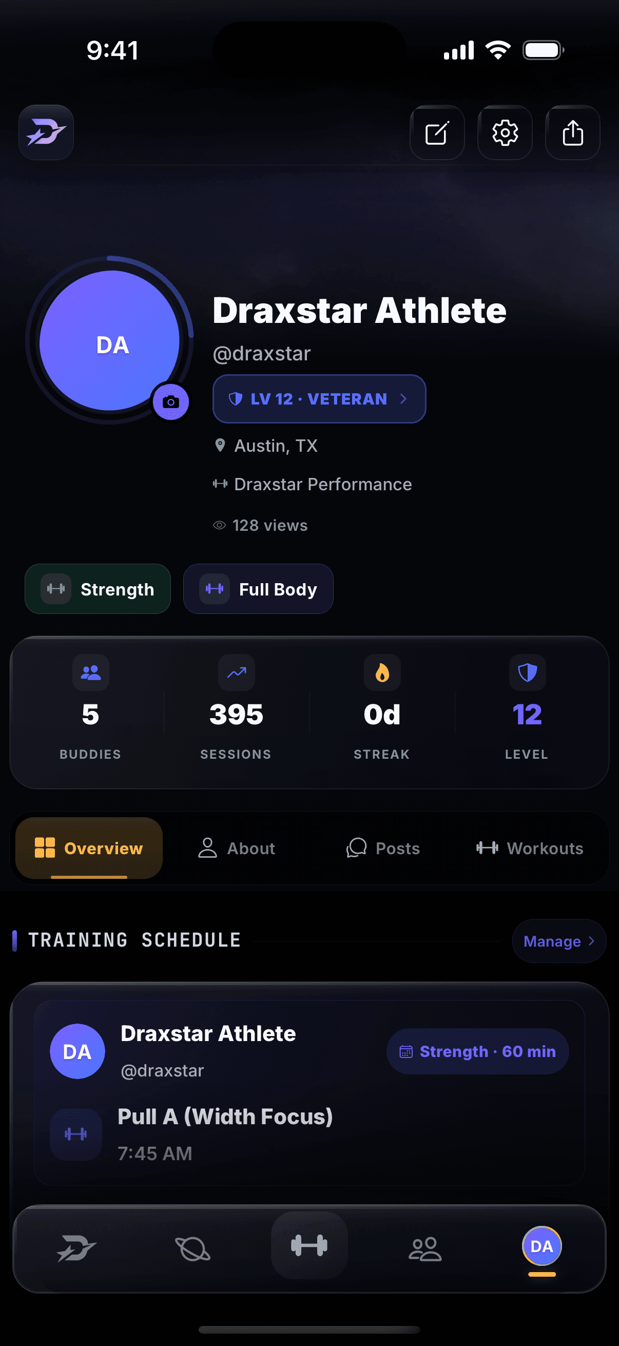 Demo-safe real Draxstar iPhone athlete profile showing training identity, stats, schedule, and progress context.