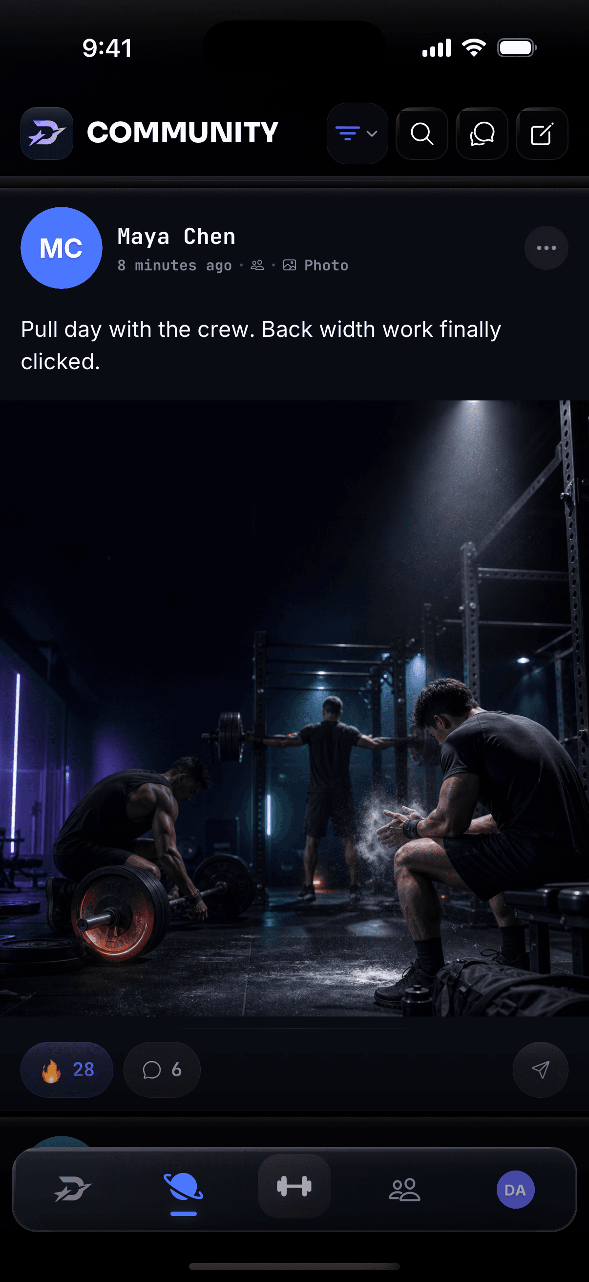 Demo-safe real Draxstar iPhone community feed showing athlete training activity and squad engagement.