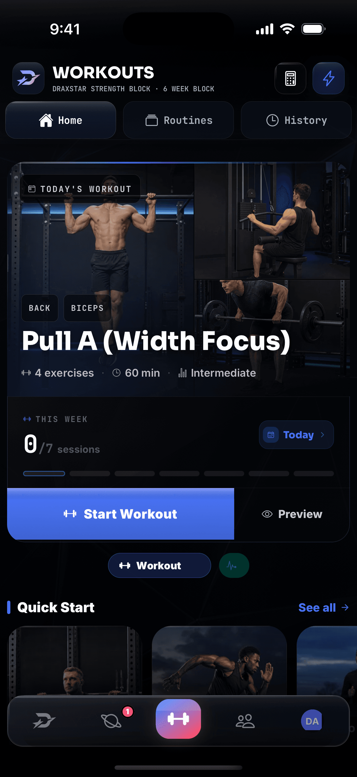 Real Draxstar iPhone workout dashboard showing today's pull workout, weekly session progress, and quick start actions.